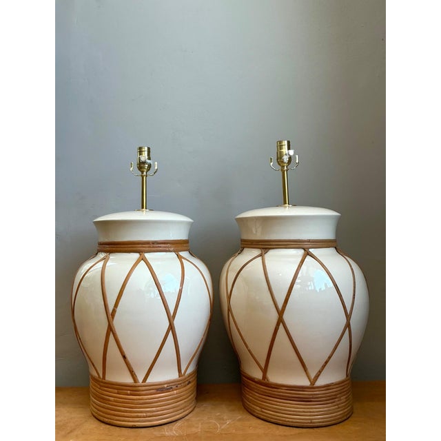 Vintage Ceramic and Rattan Table Lamps - Pair For Sale - Image 13 of 14