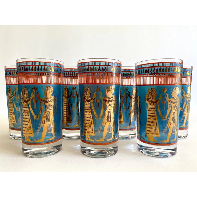 Vintage 1960's Mid Century Modern Egyptian Revival Gold Leaf Highball Tumbler Glasses - Set of 8 For Sale - Image 12 of 13