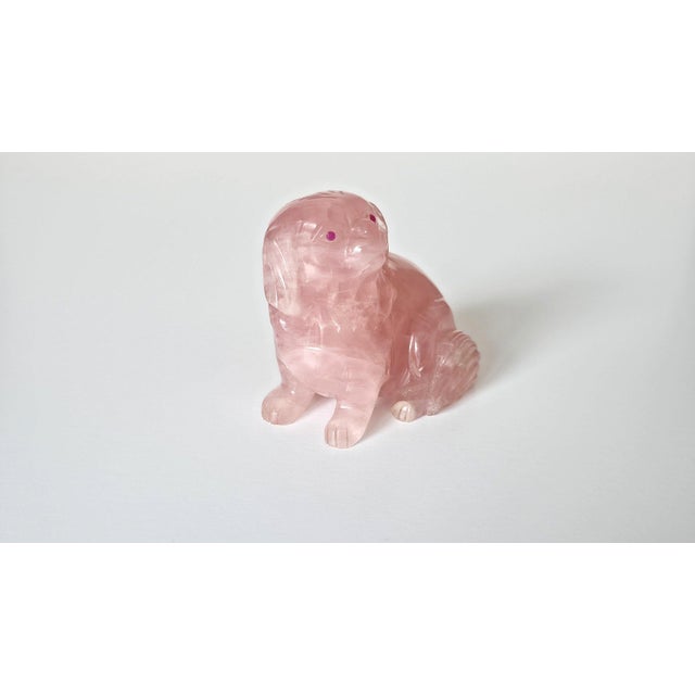 Chinese Rose Quartz Dog Carving With Ruby Eyes, Mid-20th Century For Sale - Image 4 of 8