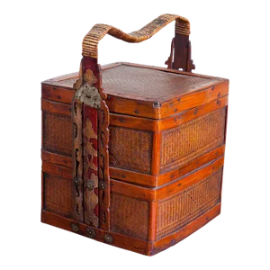 Antique Chinese Woven Rattan and Bamboo Nested Basket With Carved Handle