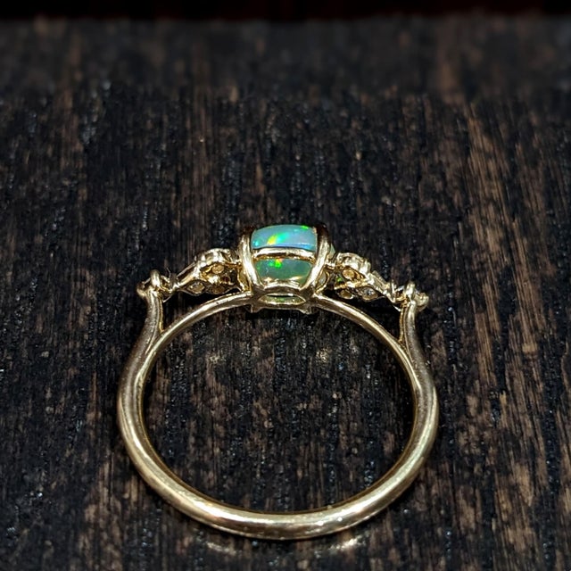 East West Opal Ring W Earth Mined Diamonds in Solid 14k Yellow Gold | Oval 8x6mm For Sale - Image 16 of 18