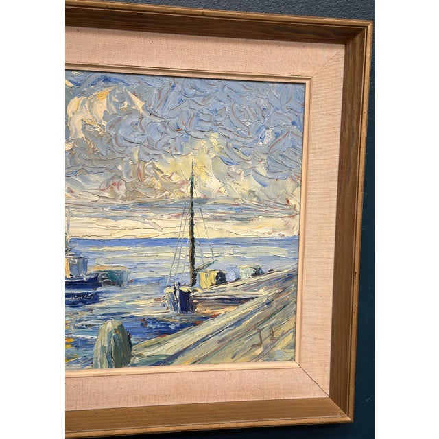 Scandinavian School, Port with Moored Sailboats, 1950s, Oil on Panel, Framed For Sale - Image 4 of 14