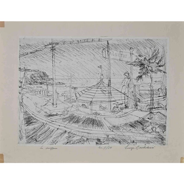 The beach is an original artwork realized by the italian artist luigi bartolini (1892-1963) in 1950. Black and white...