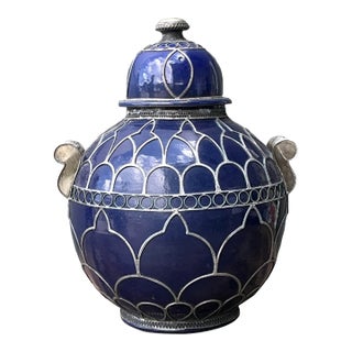 Vintage Moroccan Glazed Ceramic Lidded Urn For Sale