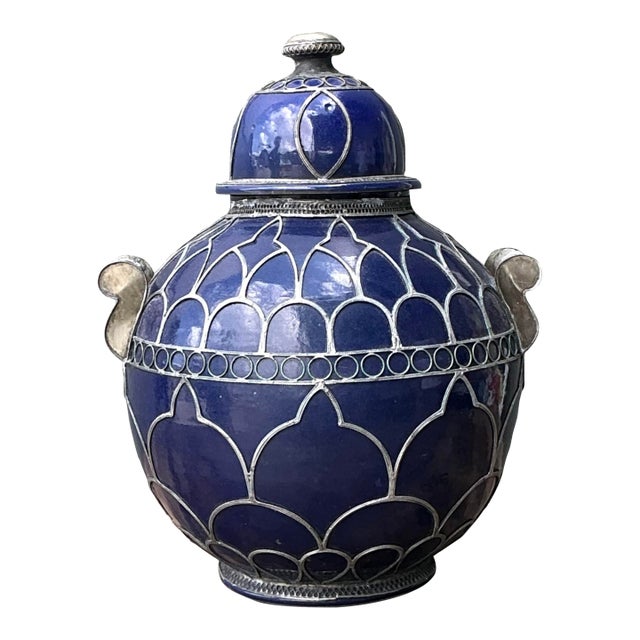 Vintage Moroccan Glazed Ceramic Lidded Urn For Sale