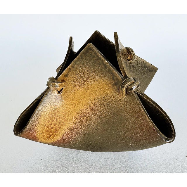 Vintage Studio Pottery Faux Leather Folded Vessel With Ties For Sale - Image 4 of 8
