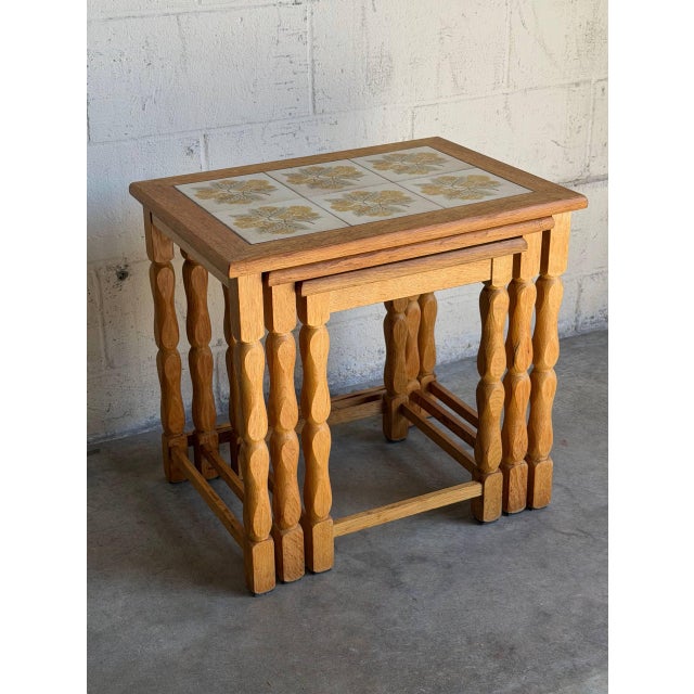 Vintage Oak Tile Top Nesting Tables Set of 3 Denmark Mid-Century Modern 1970s For Sale - Image 4 of 9