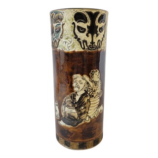 Meiji Japanese Brown-Glazed Brush Pot With Humorous Figural Scenes For Sale