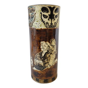Meiji Japanese Brown-Glazed Brush Pot With Humorous Figural Scenes