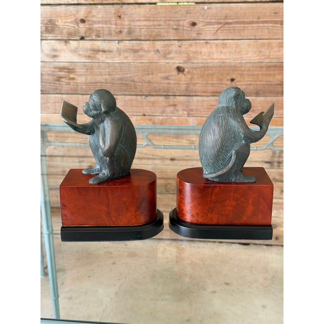 Maitland - Smith Vintage Maitland-Smith Style Bronze Patina Monkey Bookends on Burl Wood Bases – Pair For Sale - Image 4 of 12