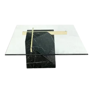Black Cube Shape Marble Base Brass Stretchers Square Glass Top Coffee Table