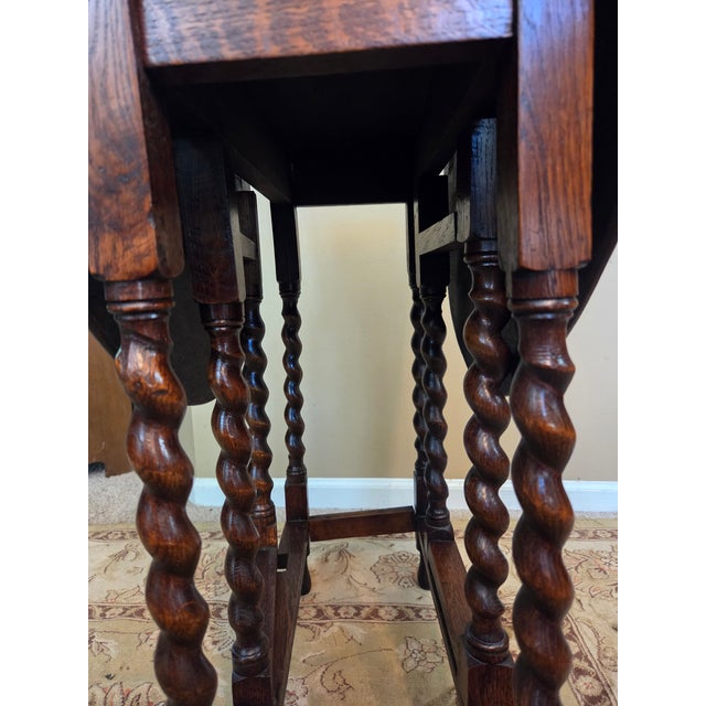 Brown Antique English Table Drop Leaf Gateleg Barley Twist Oak Medium End Table Oval For Sale - Image 8 of 17