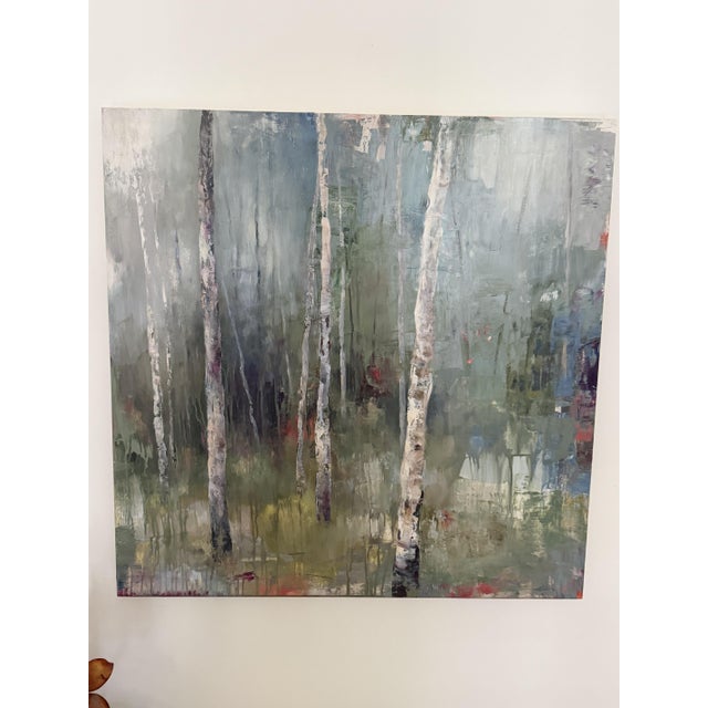 Original signed acrylic painting on panel by contemporary American artist Tracey Lane, titled "Shimmer III." A serene,...
