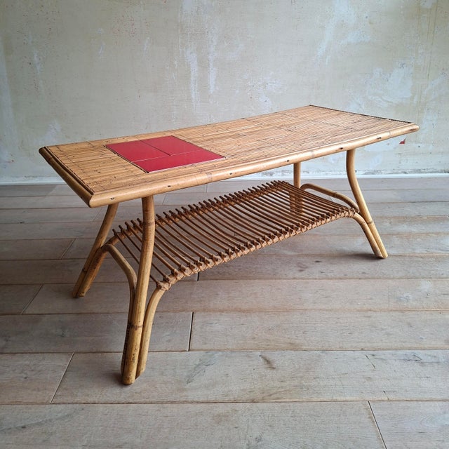 1960s French Rattan Coffee Table with Tiles, 1960s For Sale - Image 5 of 11