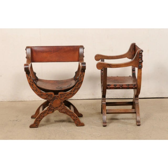 Italian Late 20th Century Italian Pair Wood & Leather Dante Armchairs For Sale - Image 3 of 10