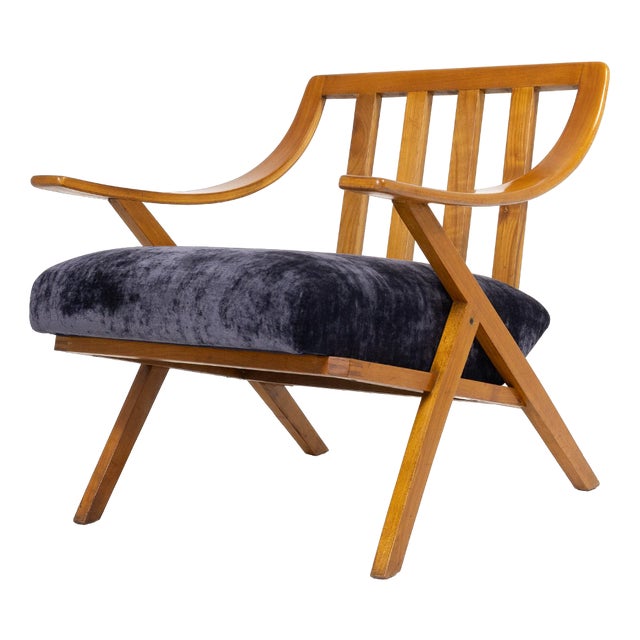 Cherry Wood and Velvet Armchair, 1960s For Sale