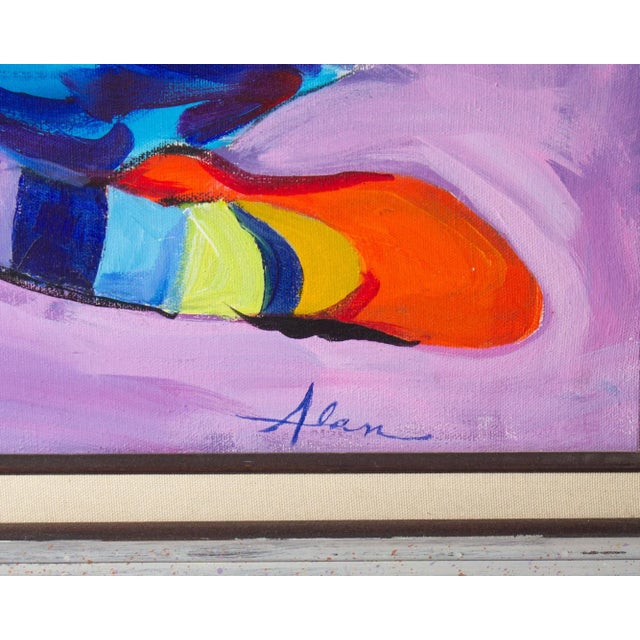 An acrylic on canvas painting by American artist Alan Lane Gass. Titled "Striped Stockings," the painting depicts a woman...