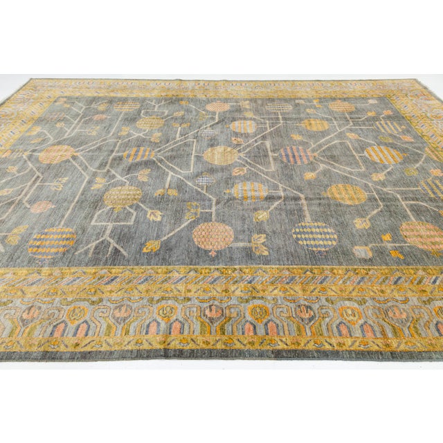 Modern Khotan-Style Pomegranate Tree Charcoal Wool Area Rug For Sale - Image 11 of 12