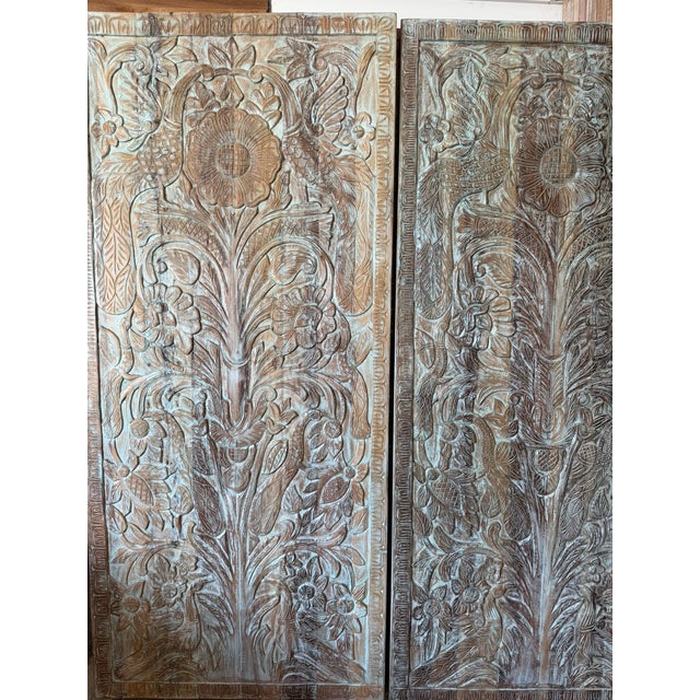 Hand-Carved Tree of Life Wall Panel – Blue Washed Rustic Wood Art, Vintage Barn Door 80 For Sale - Image 4 of 8