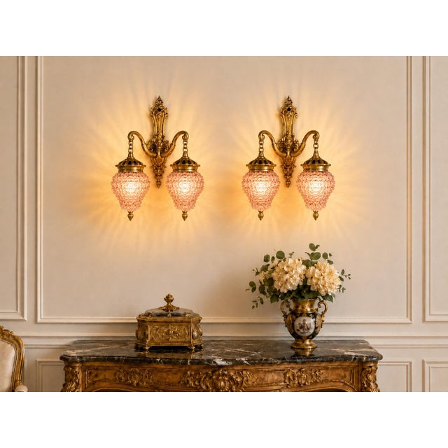 This distinctive pair of 1980s French Louis XVI–style wall sconces combines richly detailed bronze construction with a...