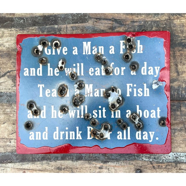 Cerulean Vintage Original Bullet Hole Fisherman Sign For Sale - Image 8 of 12