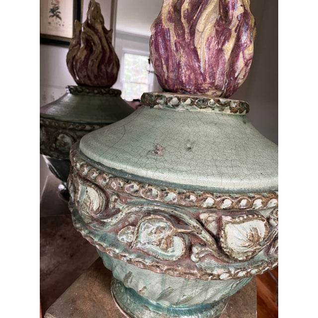 Celadon Pair of Late 20th Century French Glazed Ceramic Flaming Urns on Stand For Sale - Image 8 of 12
