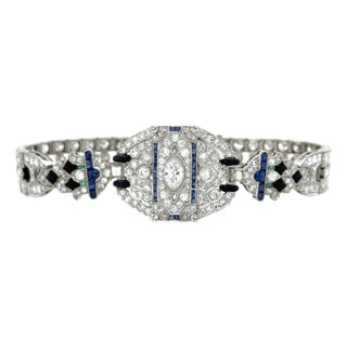1920s Art Deco, 14.50 Carats Diamond, Sapphire and Emerald Bracelet, Platinum For Sale