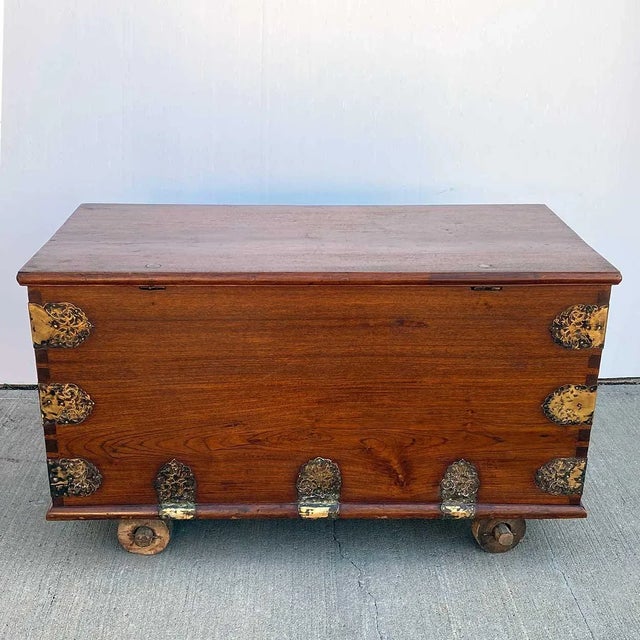 Indo-Portuguese Goan Brass Mounted Teak Storage Trunk on Wheels For Sale - Image 9 of 17
