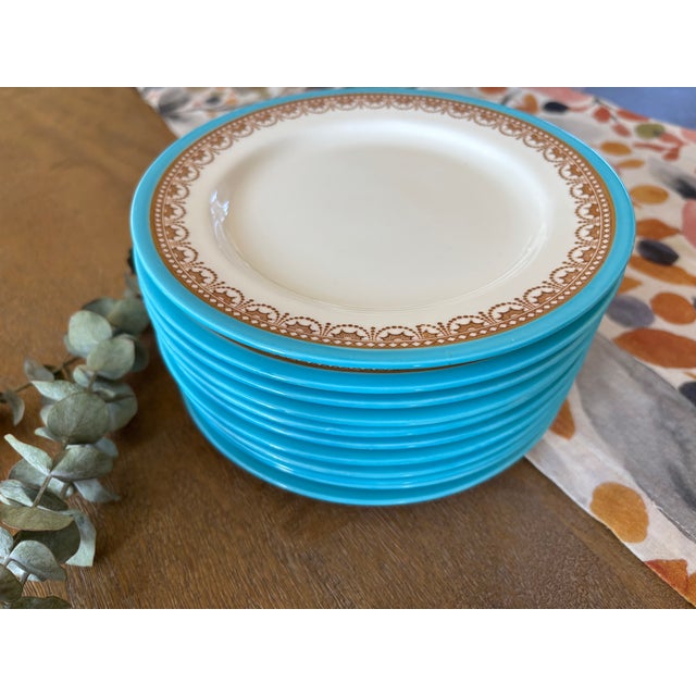 Victorian Antique Grainger Royal China Works Worcester Dessert Plates, Set of 12 — Turquoise & Gold Lace, Pattern 4029, Circa 1891–1902 For Sale - Image 3 of 5