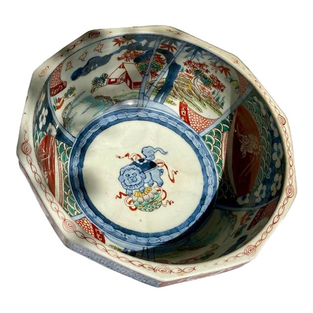Large 19th Century Japanese Imari Octagonal Bowl With Karashishi & Landscape Panels For Sale