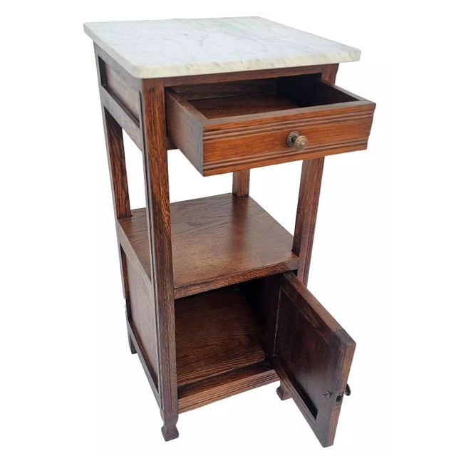 1920s Antique 1920s French Oak Nightstand Carved Oak Tree & Acorn Design White Marble For Sale - Image 5 of 12