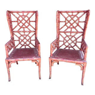 Chinoiserie Faux Bamboo Wingback Chairs Guildmaster Distressed Red Double Rattan Seat - Set of 2 For Sale