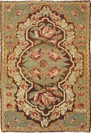 Vintage Persian Kilim Rug With Rosette Medallion in Rose, Sage Green and Brown 5'7 X 8'6