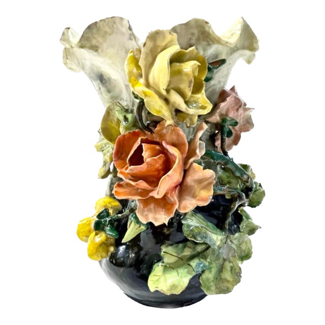 French Majolica Barbotine Floral Vase For Sale