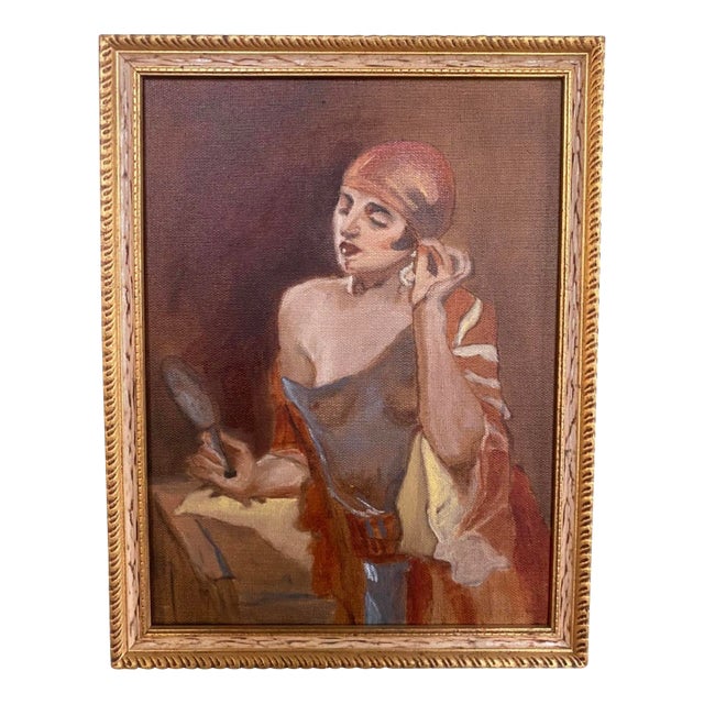 Contemporary Oil on Canvas Painting of a Art Deco Woman in Sheer Clothing For Sale