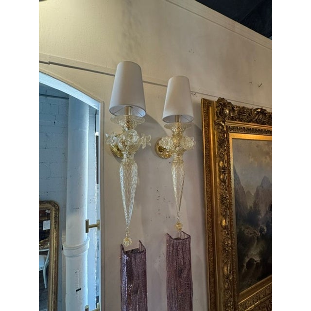 Transitional Murano Gold Venetian Style Flower Sconces - a Pair For Sale - Image 3 of 8