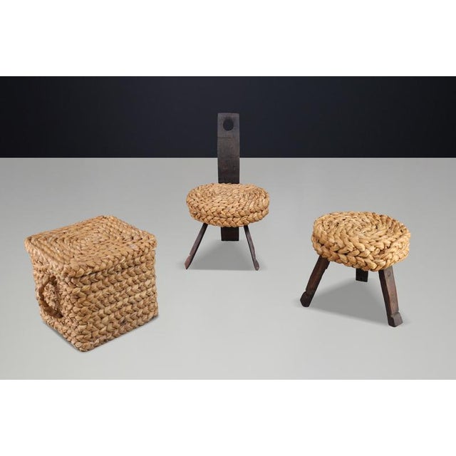 1960s Vintage French Rope Chair with Stool and Basket from Audoux Minet, 1960s, Set of 3 For Sale - Image 5 of 15