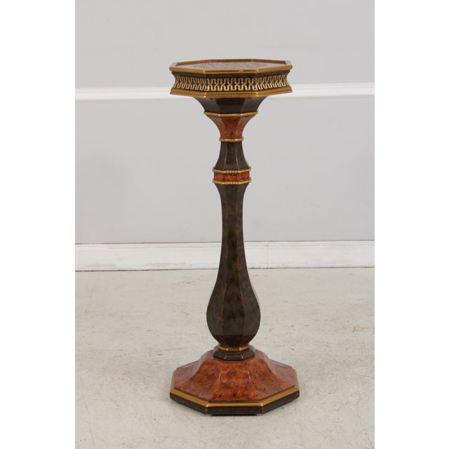 Traditional Pair of Burl Wood Regency Empire Black & Gold Pedestal Stands For Sale - Image 3 of 16