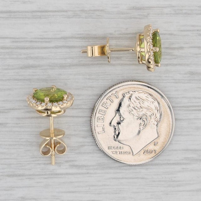 New 3.10ctw Round Peridot Diamond Halo Stud Earrings 14k Yellow Gold, Pair For Sale In Greensboro - Image 6 of 6