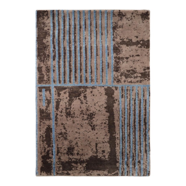 Rug & Kilim’s Mid Century Modern Rug, Brown and Blue Geometric Design For Sale