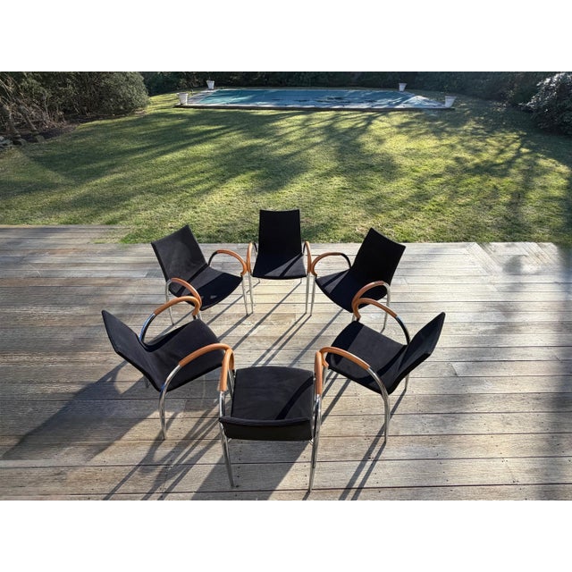 Set of 6 Mid Century Chrome and Wood Dining Chairs For Sale In New York - Image 6 of 18