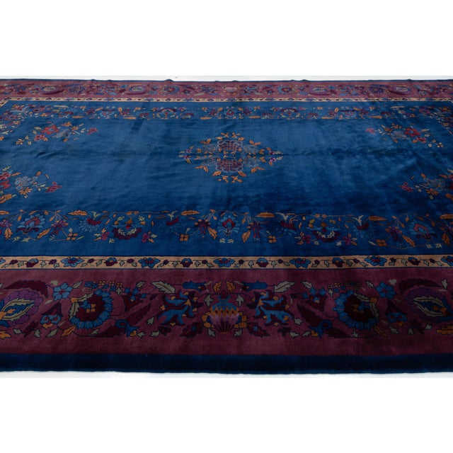 Early 20th Century Antique Chinese Art Deco Wool Rug in Cobalt Blue & Plum For Sale - Image 9 of 12