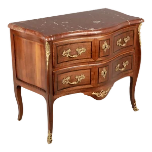 French Louis XV Style Marble Top Marquetry Commode