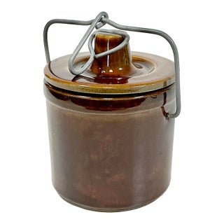 Antique French Rustic European Medium Brown Glazed Crock With Steel Lid Lock. For Sale