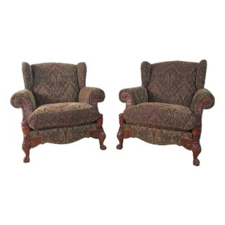 Pair, Councill Wingback Chairs With Carved Apron, Legs, and Paisley Pattern, Late 20th Century For Sale
