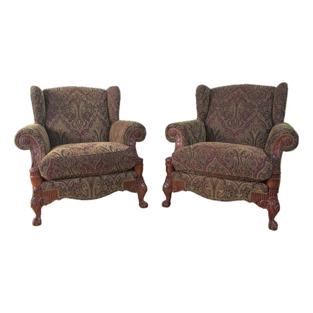 Pair, Councill Wingback Chairs With Carved Apron, Legs, and Paisley Pattern, Late 20th Century For Sale