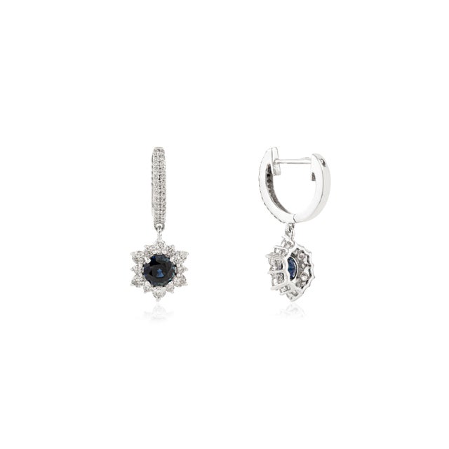 14k White Gold Diamond Cluster Flower Sapphire Drop Earrings for Her- 2 Pieces For Sale In New York - Image 6 of 12