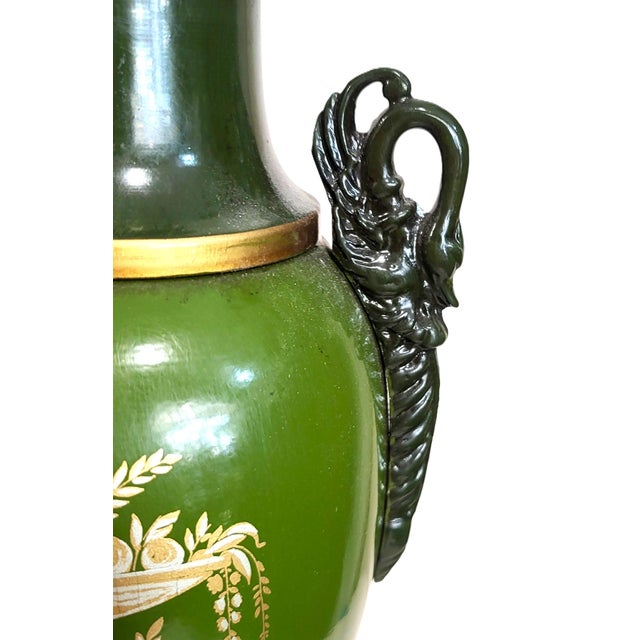 Vintage French 20th C Designer Empire Style Green & Gold Swan Urn Lamp For Sale - Image 11 of 17