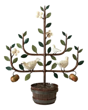Vintage Italian Tole Espalier / Espaliered Tree Sculpture, Fruit Tree, Birds, Blossoms, & Apples, Manner of Mottahedeh