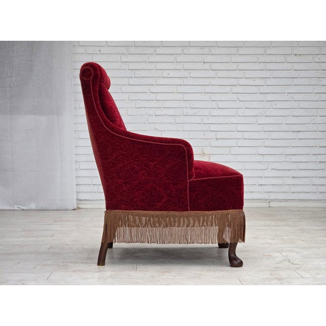 Red Vintage Danish Oak Armchair with Velour Upholstery, 1950s For Sale - Image 8 of 17